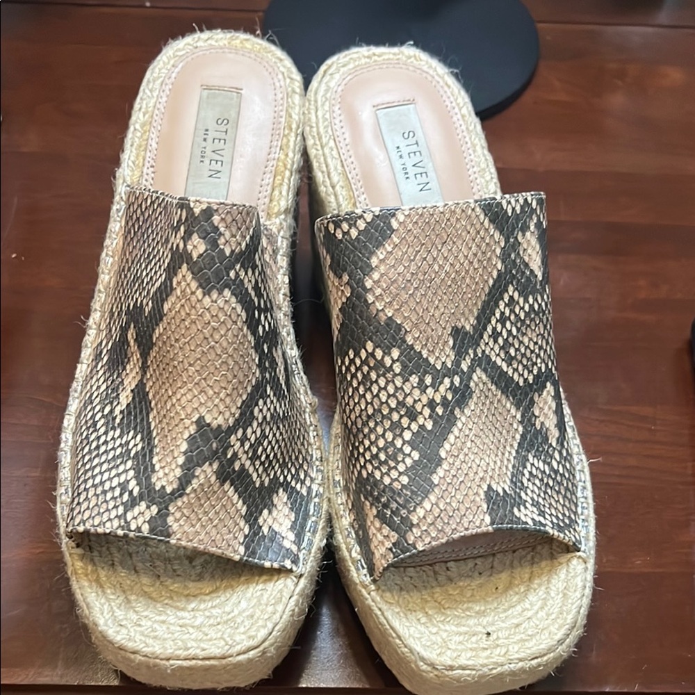 Steven New York Tan and Black Snake Print Espadrille Wedges